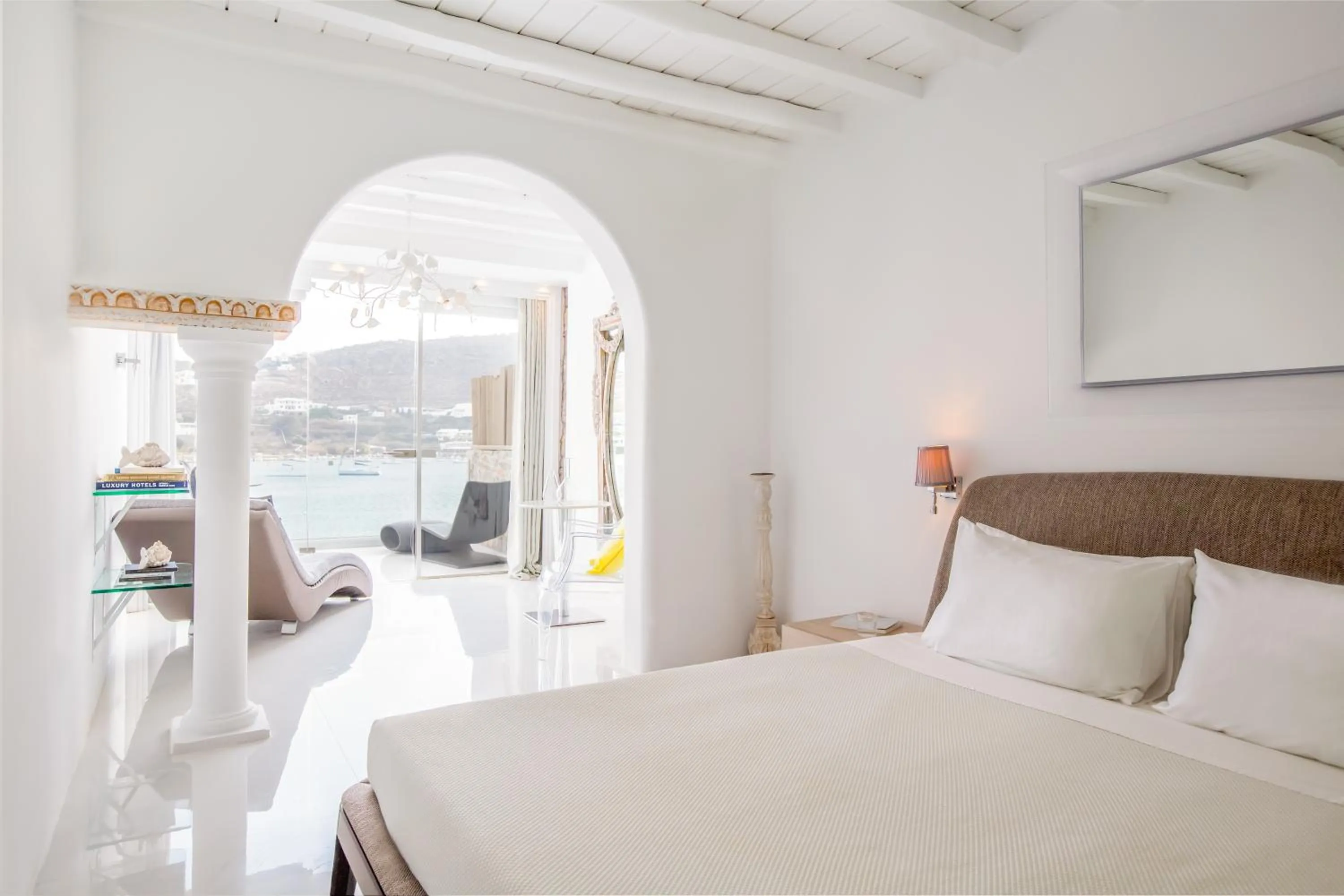 Bedroom, Bed in Kivotos Mykonos - Preferred Hotels & Resorts