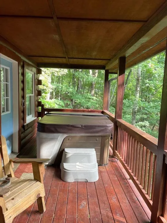 Patio in Alpenhaus Cabins Real Log Home in Helen Ga Mountains with hot tub and balconies