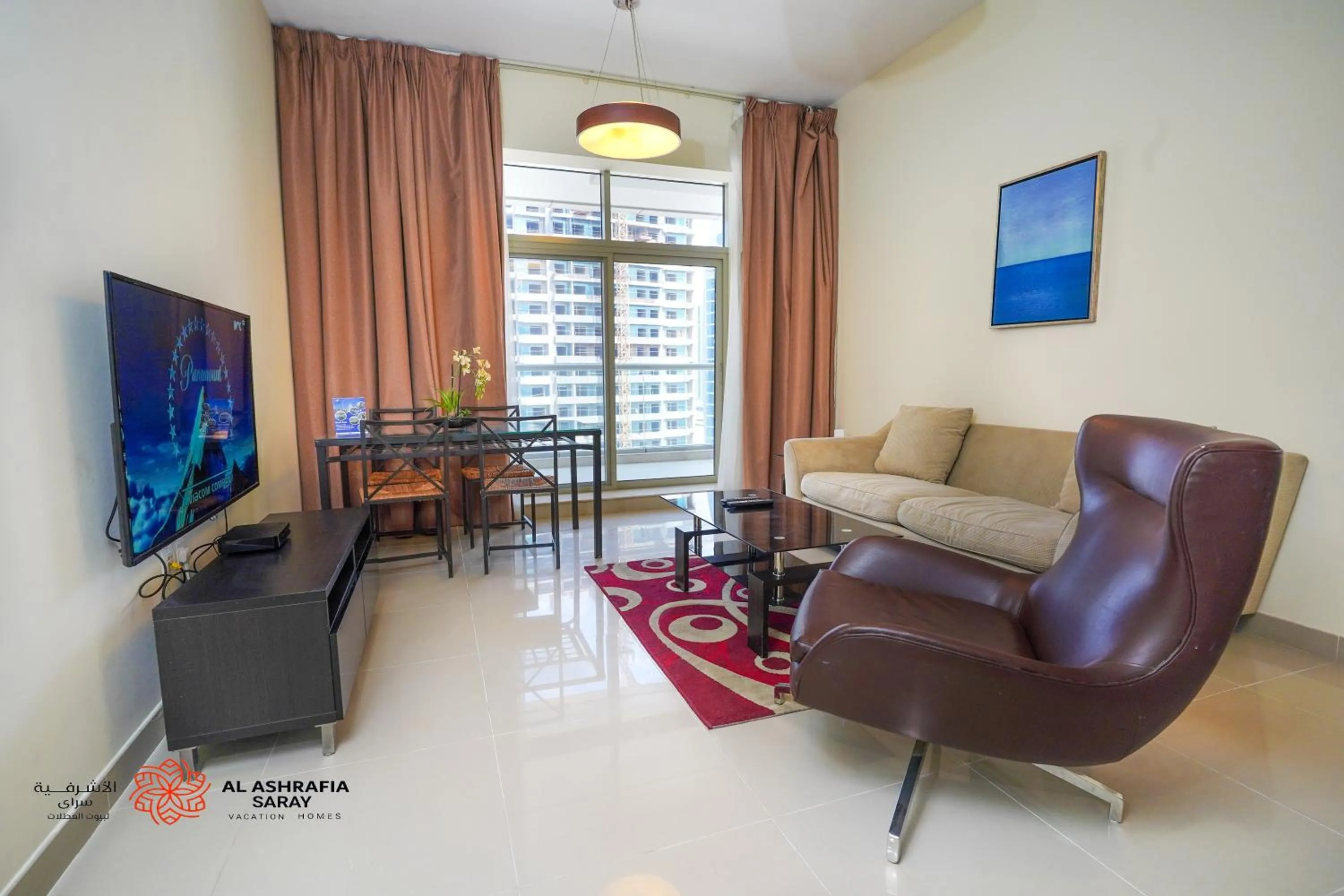 Seating area in Unique 1BR Apartment in Sport City