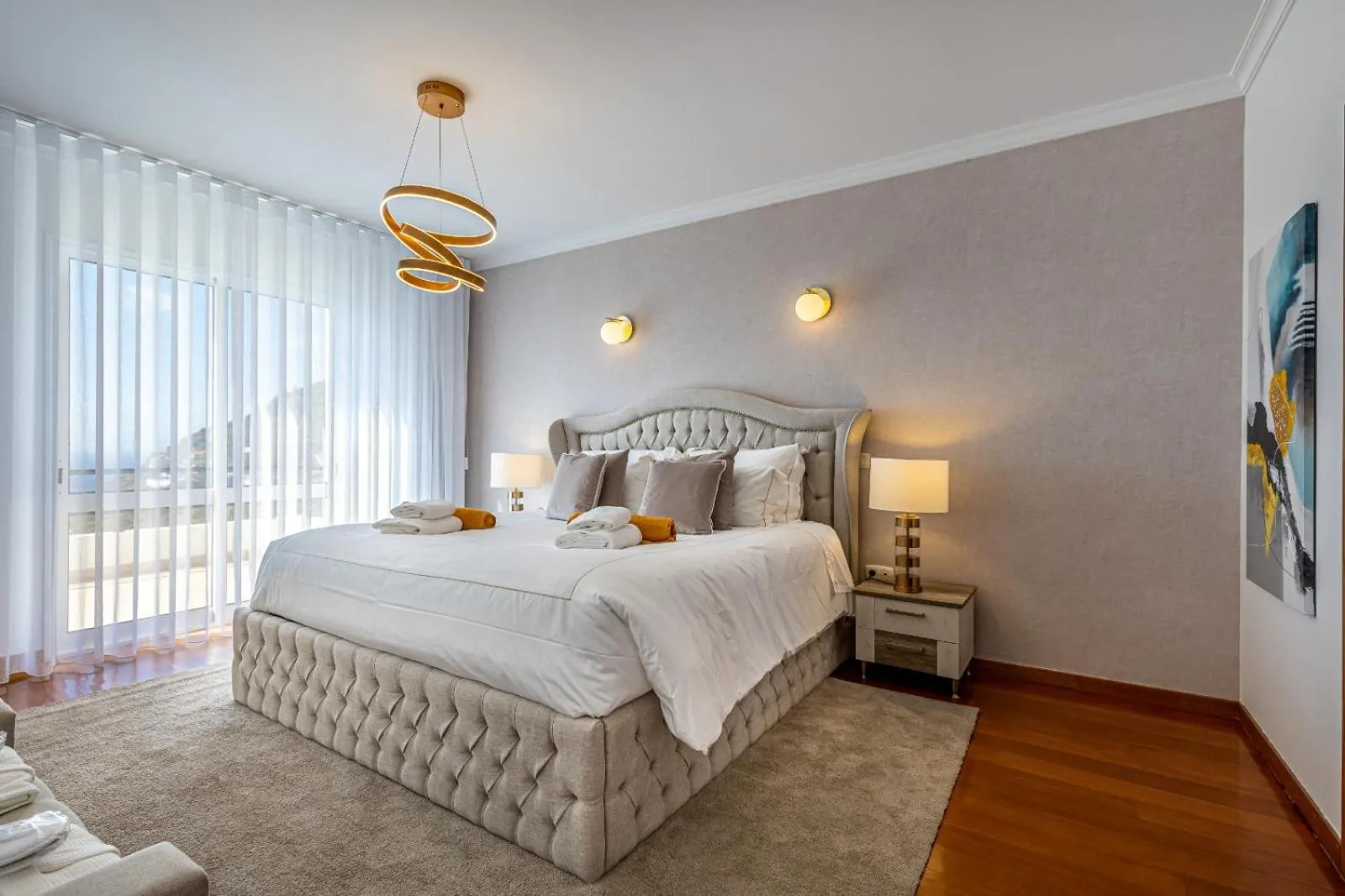 Bed in Luxury villa with private heated pool, garden and views of the sea and mountains.