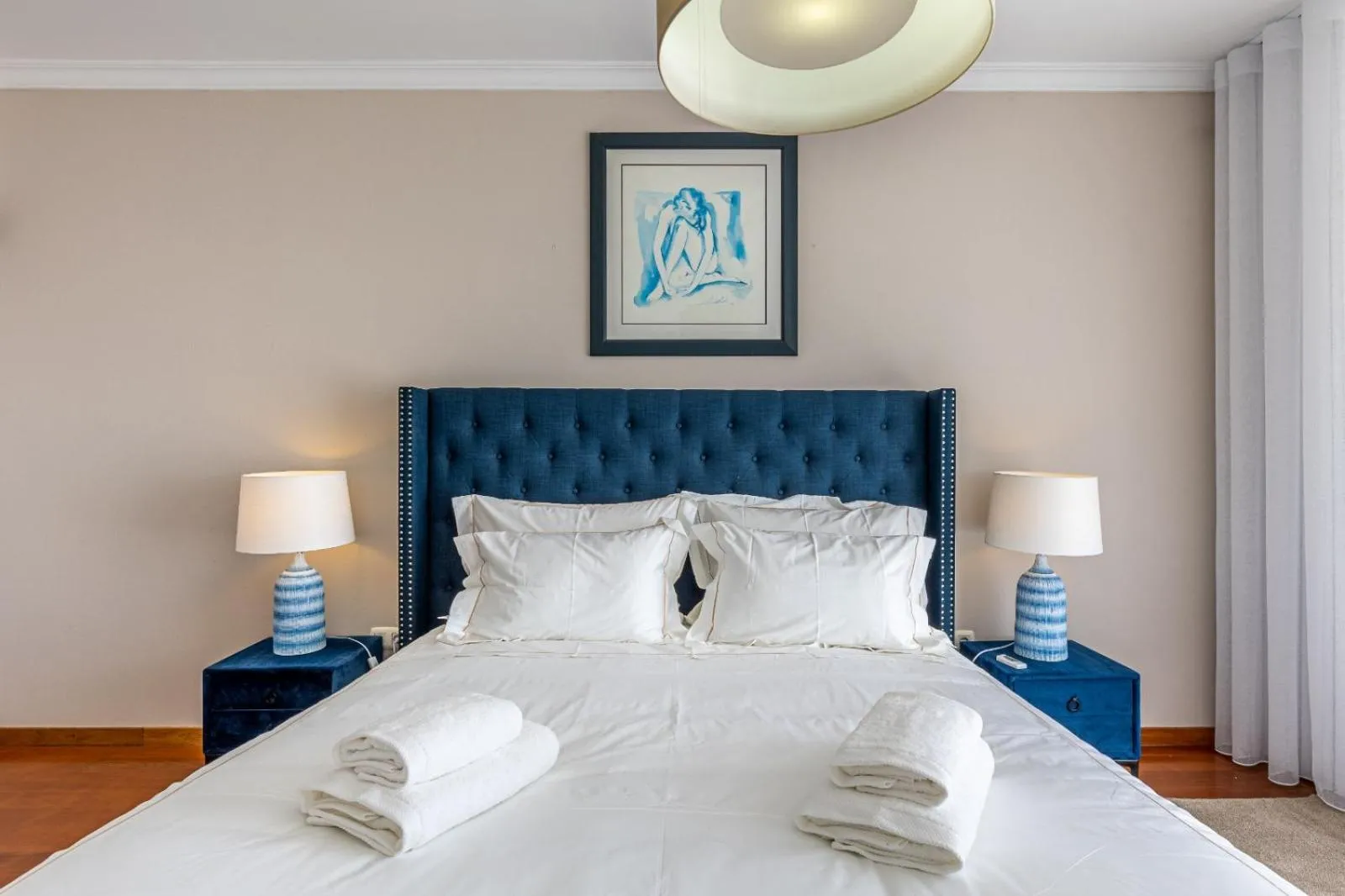 Bed in Luxury villa with private heated pool, garden and views of the sea and mountains.
