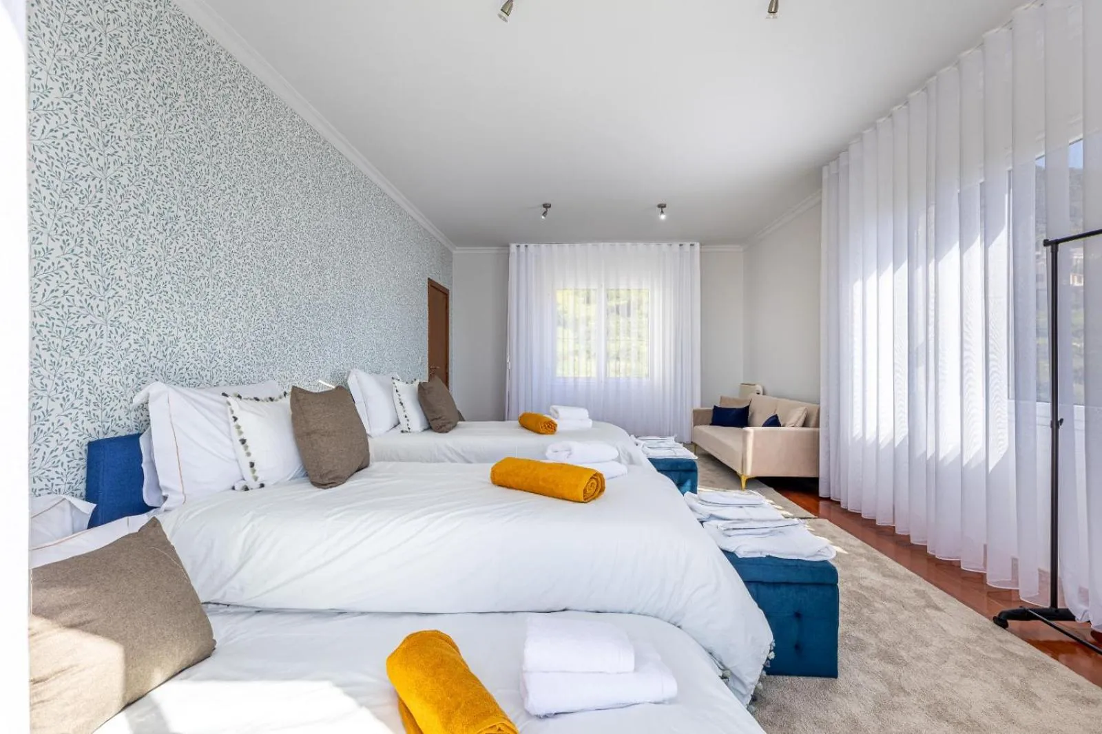 Bed in Luxury villa with private heated pool, garden and views of the sea and mountains.