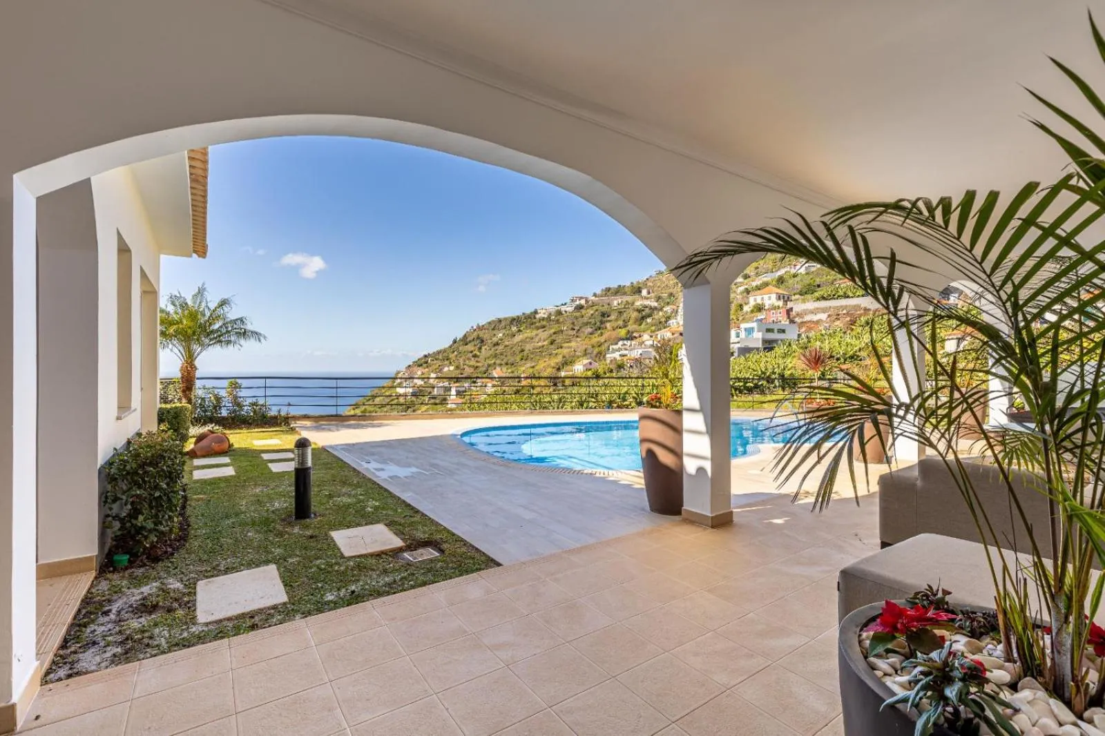 Sea view in Luxury villa with private heated pool, garden and views of the sea and mountains.