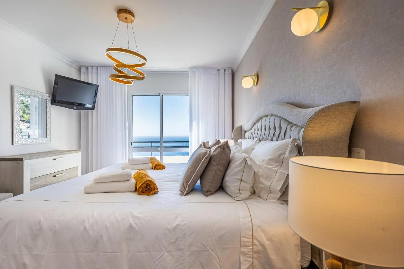Bedroom, Bed in Luxury villa with private heated pool, garden and views of the sea and mountains.