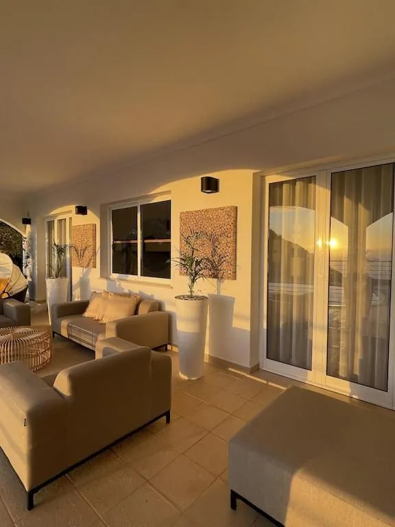 Balcony/Terrace in Luxury villa with private heated pool, garden and views of the sea and mountains.
