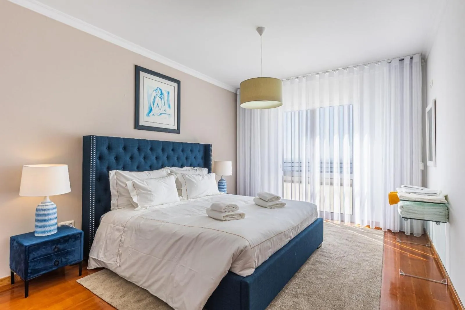 Bed in Luxury villa with private heated pool, garden and views of the sea and mountains.