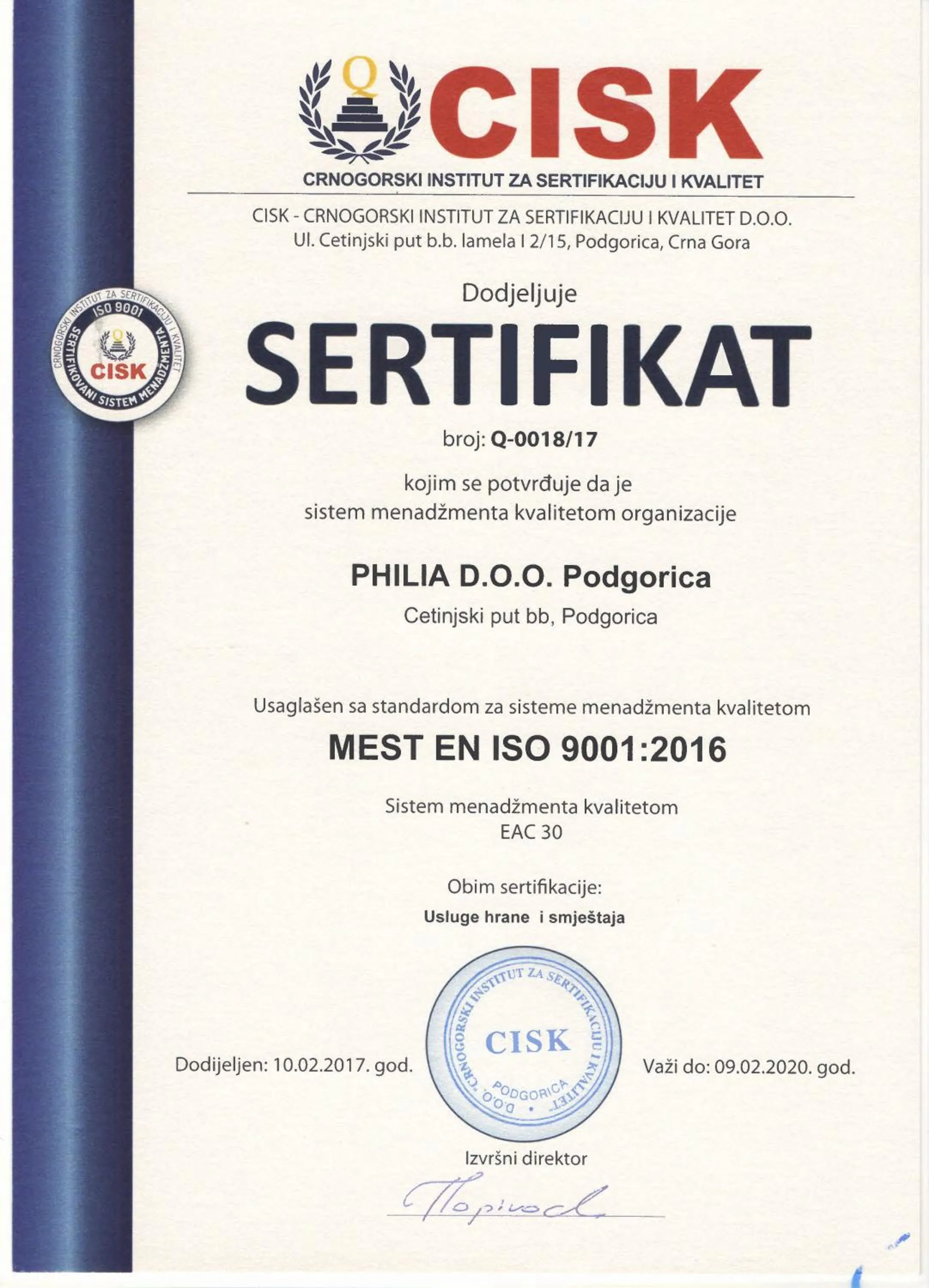 Certificate/Award in Philia Hotel