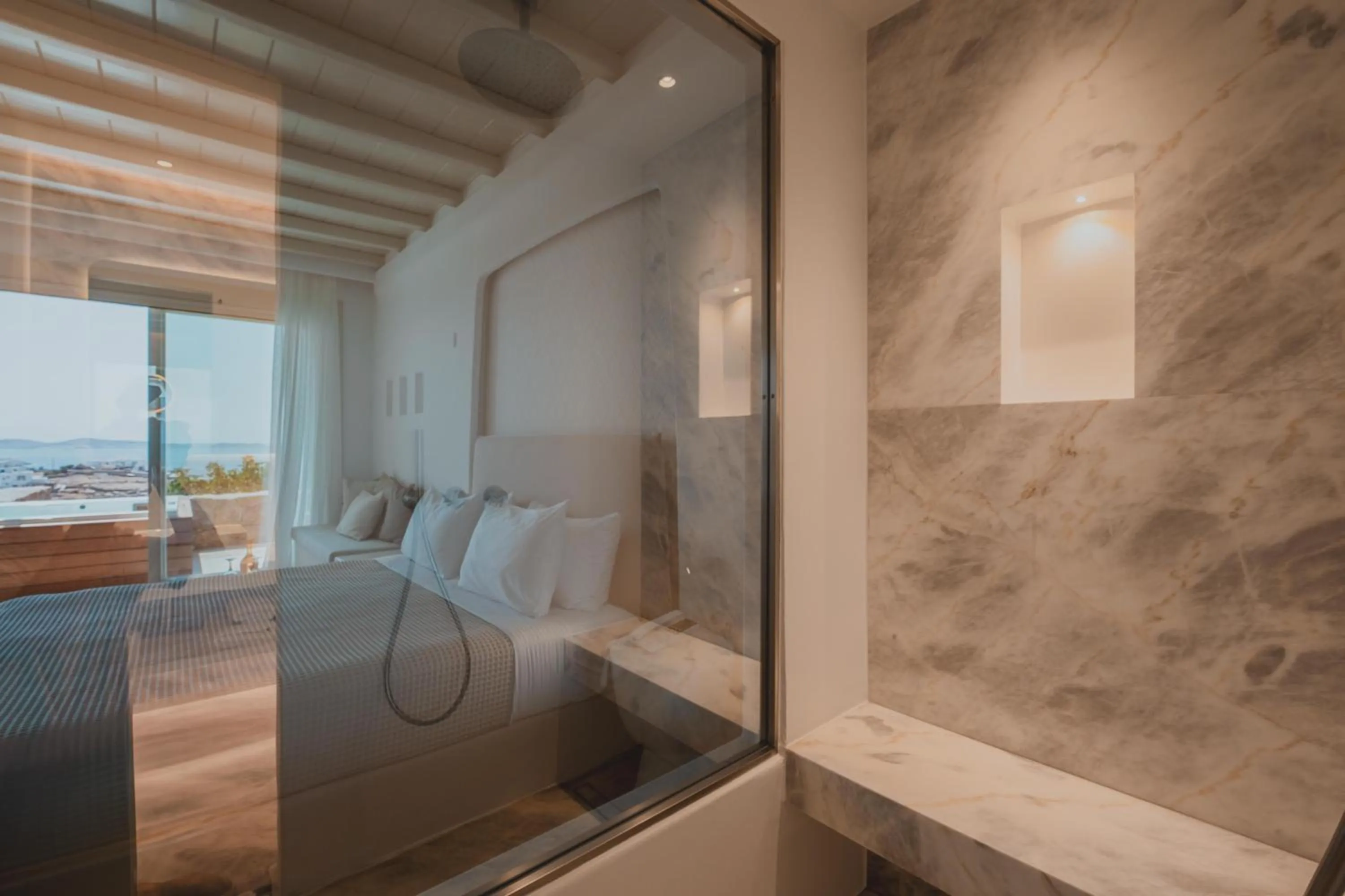 Bathroom, Bed in Nomia Sunset Suites Mykonos