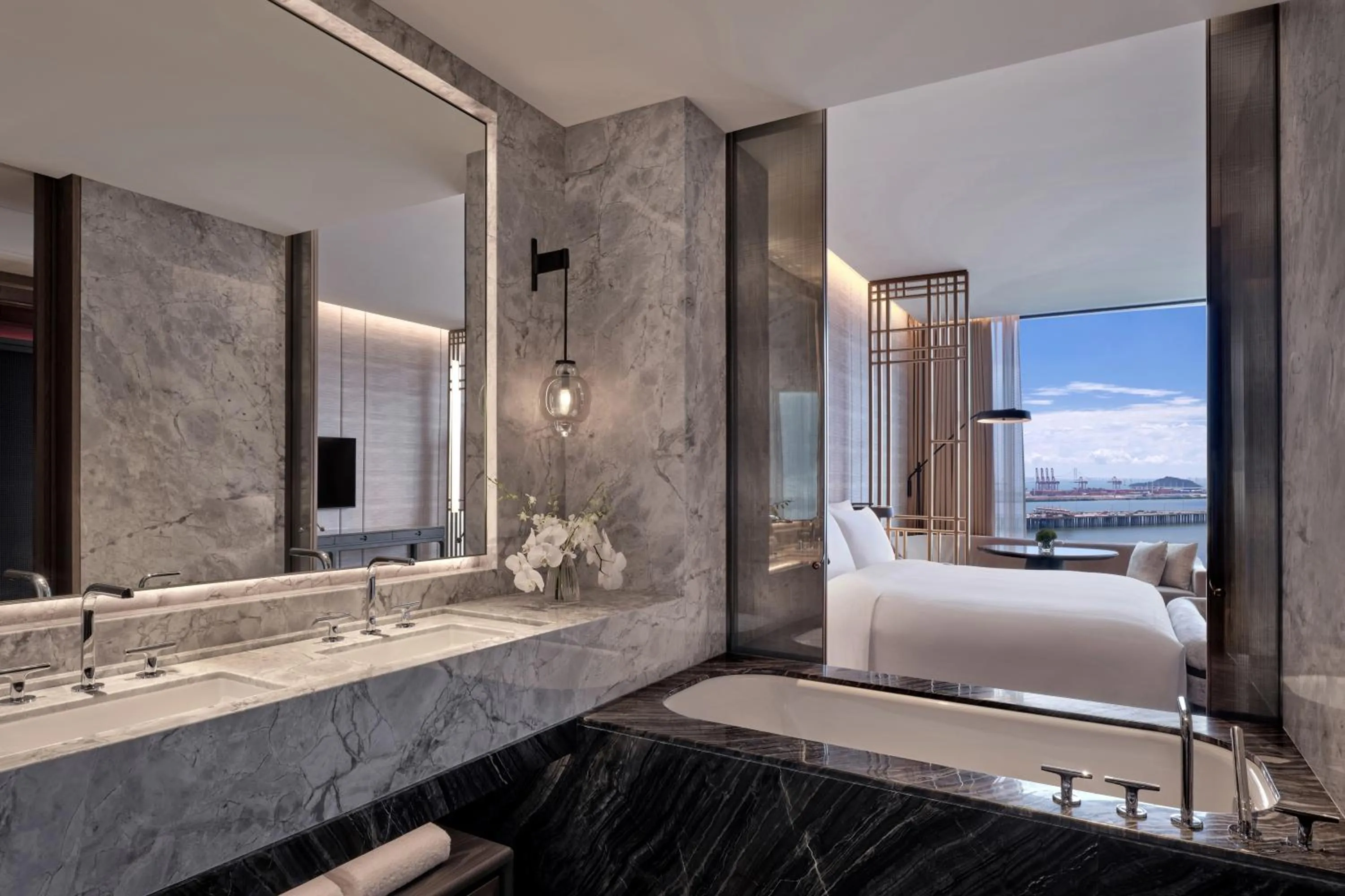 Hot Tub, Bed in Conrad Shenzhen, the first art museum hotel in Greater Bay Area with the stunning bay and sunset view in the hotel terrace