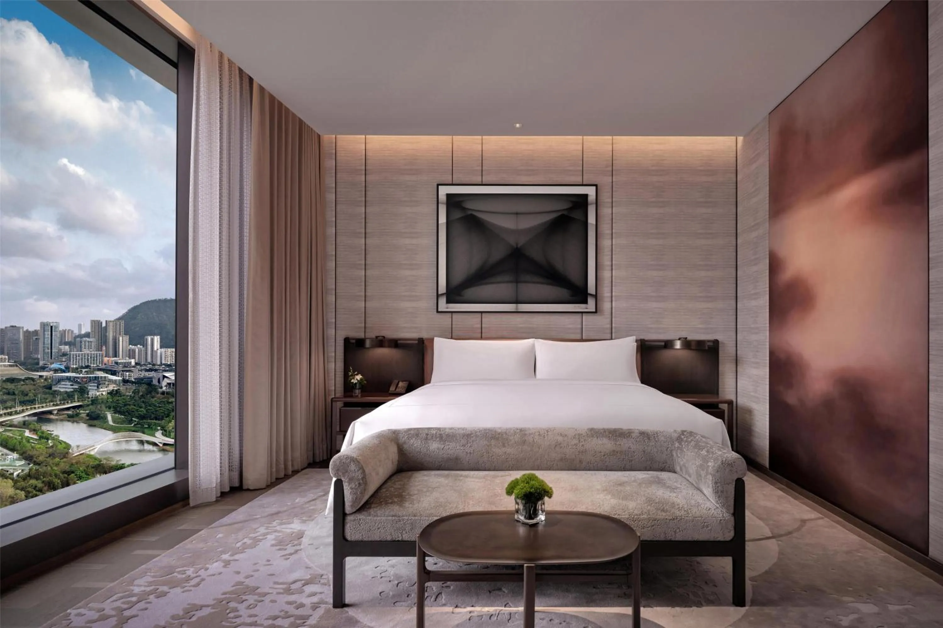 View (from property/room), Bed in Conrad Shenzhen, the first art museum hotel in Greater Bay Area with the stunning bay and sunset view in the hotel terrace