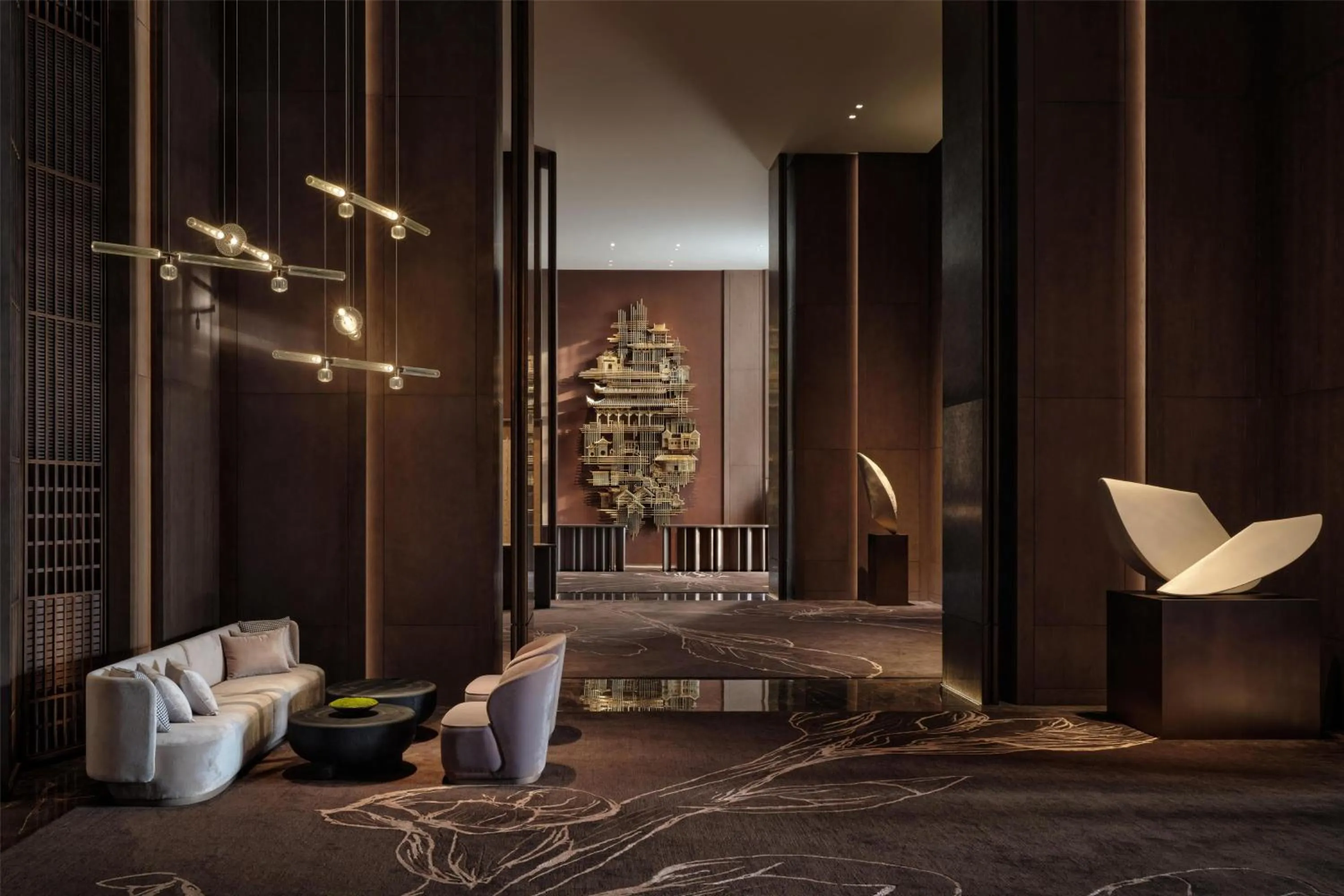 Lobby or reception in Conrad Shenzhen, the first art museum hotel in Greater Bay Area with the stunning bay and sunset view in the hotel terrace