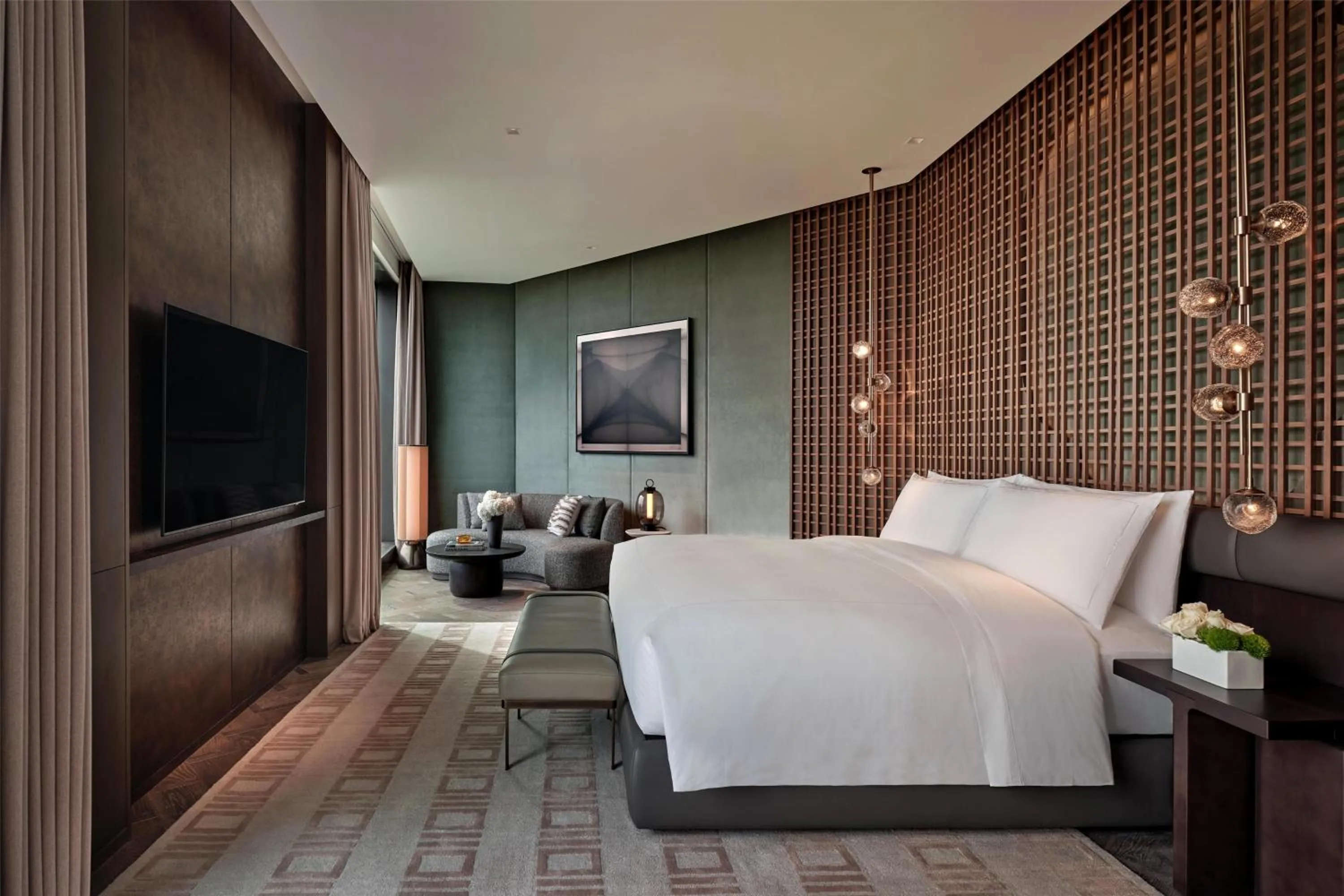 Bedroom, Bed in Conrad Shenzhen, the first art museum hotel in Greater Bay Area with the stunning bay and sunset view in the hotel terrace