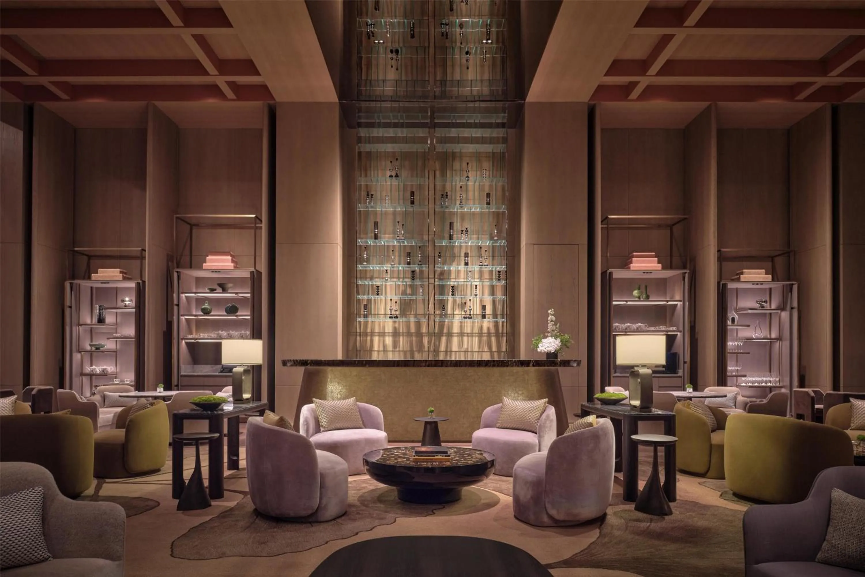 Lobby or reception in Conrad Shenzhen, the first art museum hotel in Greater Bay Area with the stunning bay and sunset view in the hotel terrace