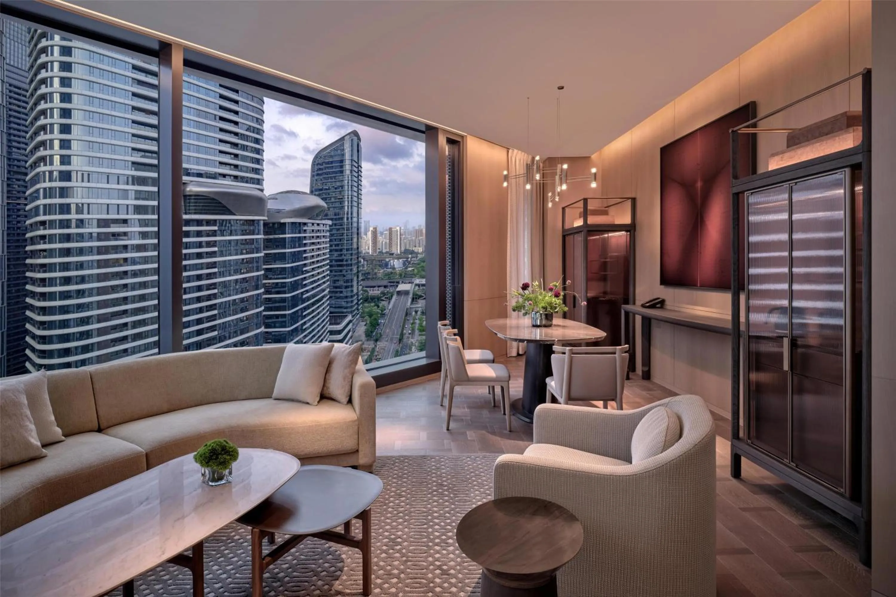 View (from property/room) in Conrad Shenzhen, the first art museum hotel in Greater Bay Area with the stunning bay and sunset view in the hotel terrace