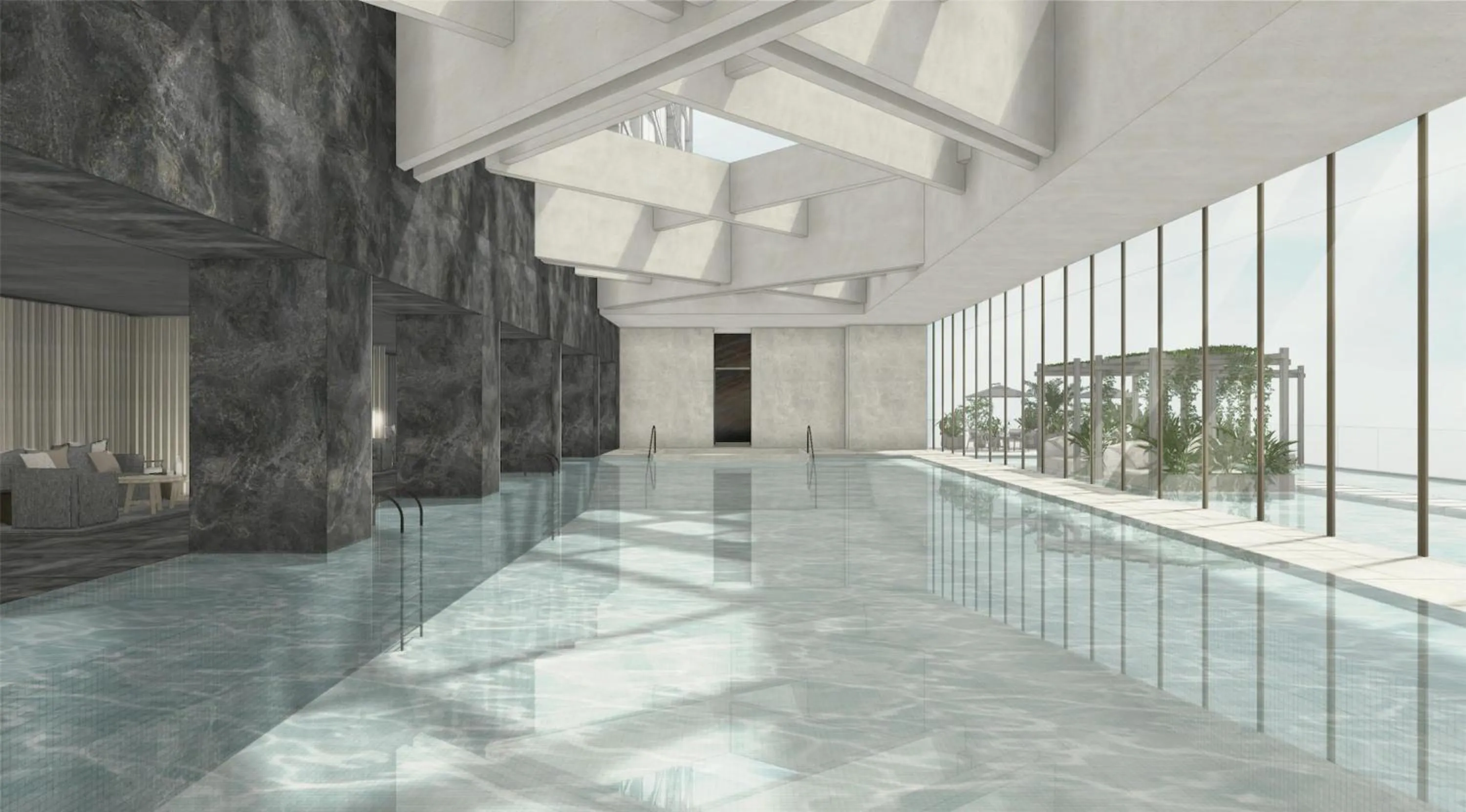 Pool view in Conrad Shenzhen, the first art museum hotel in Greater Bay Area with the stunning bay and sunset view in the hotel terrace