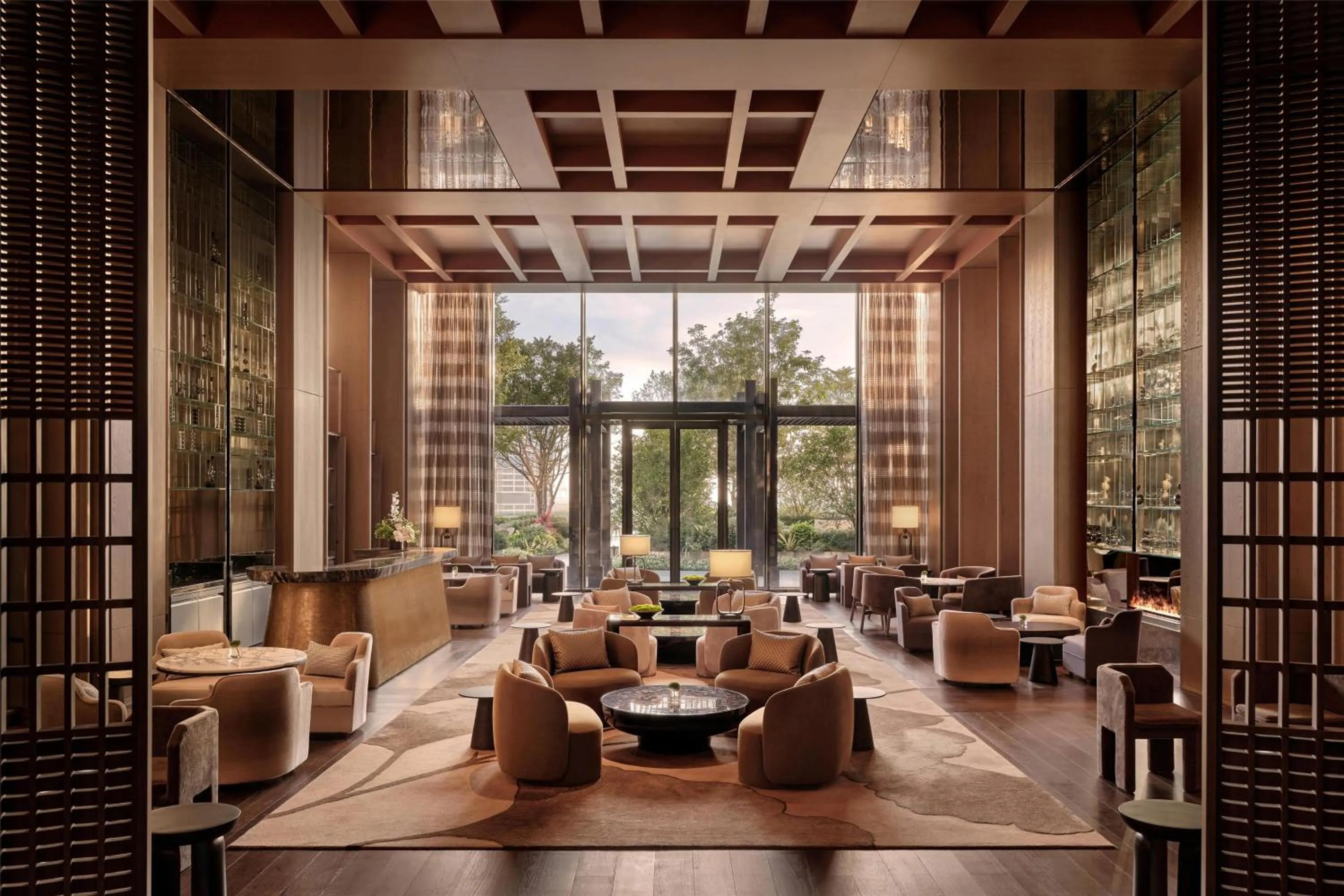 Lobby or reception in Conrad Shenzhen, the first art museum hotel in Greater Bay Area with the stunning bay and sunset view in the hotel terrace