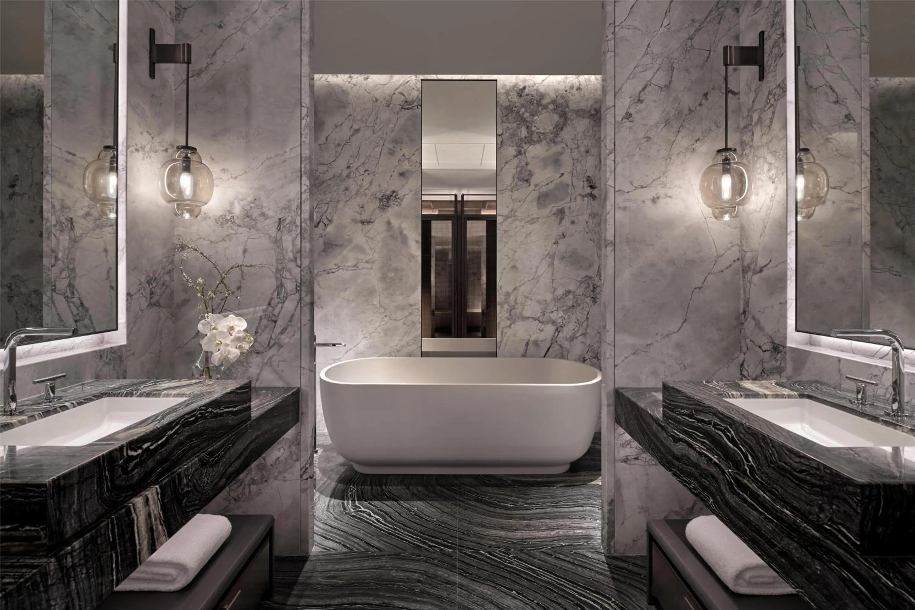 Bathroom in Conrad Shenzhen, the first art museum hotel in Greater Bay Area with the stunning bay and sunset view in the hotel terrace