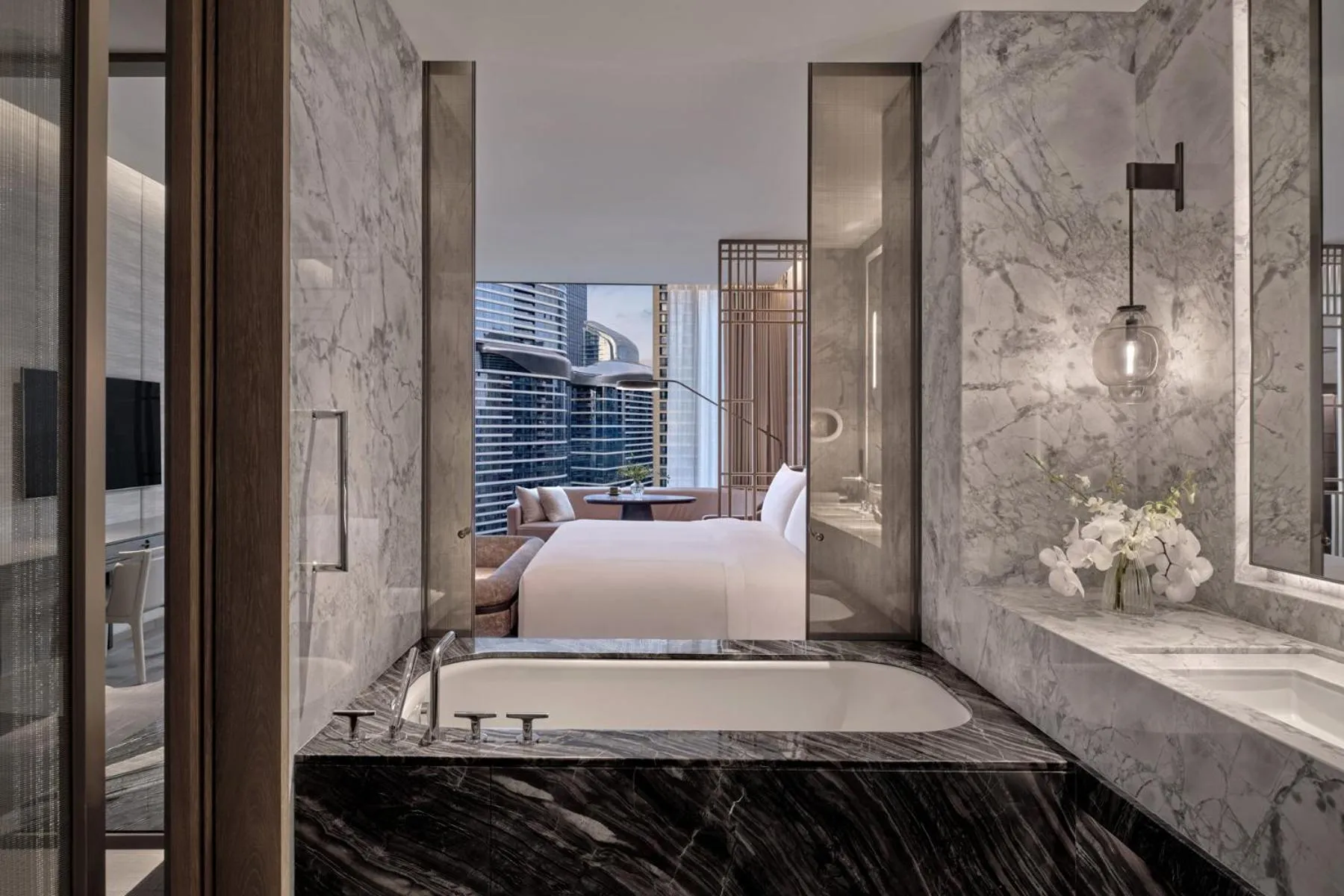 Toilet, Bed in Conrad Shenzhen, the first art museum hotel in Greater Bay Area with the stunning bay and sunset view in the hotel terrace