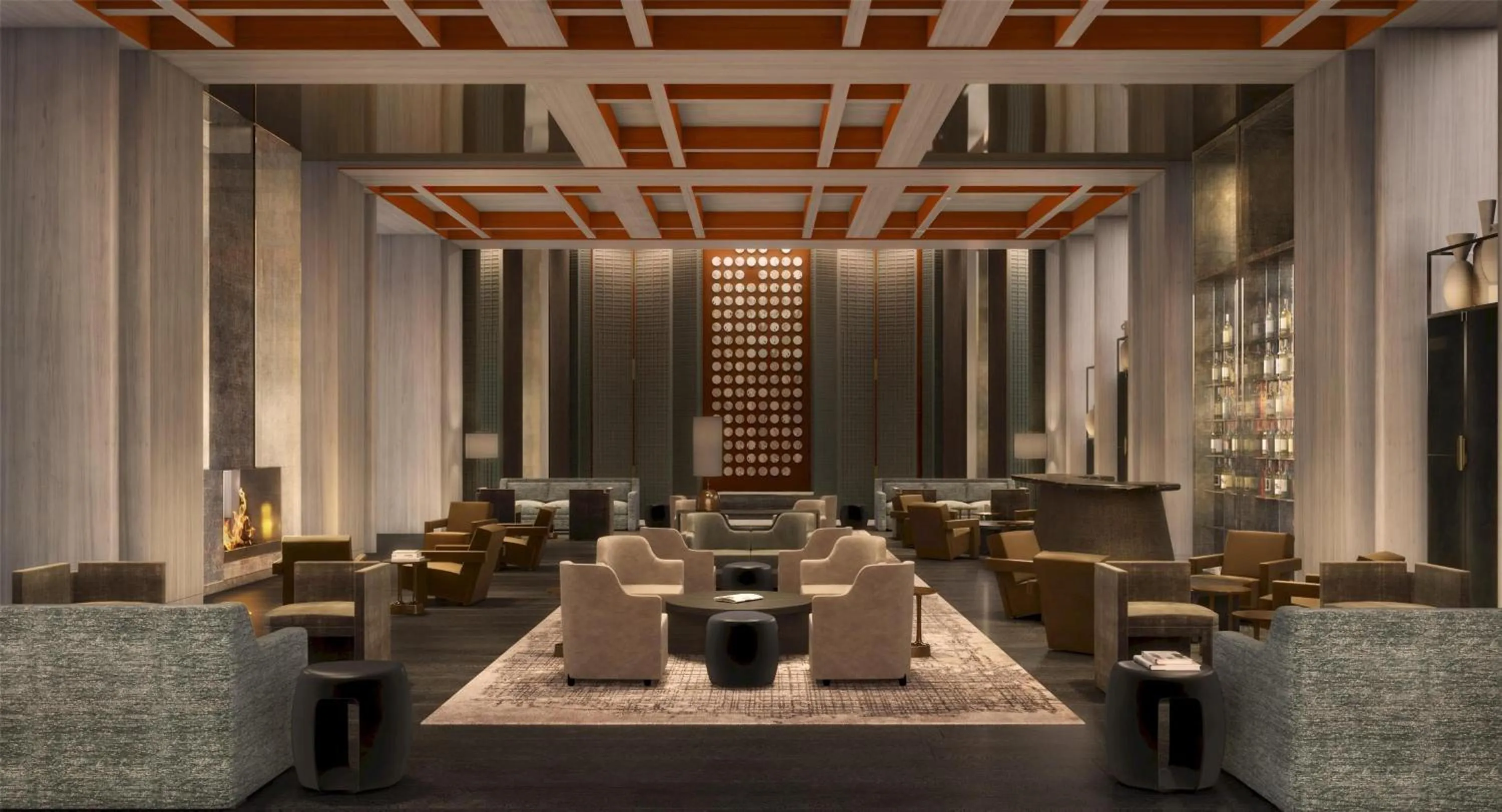 Lobby or reception in Conrad Shenzhen, the first art museum hotel in Greater Bay Area with the stunning bay and sunset view in the hotel terrace