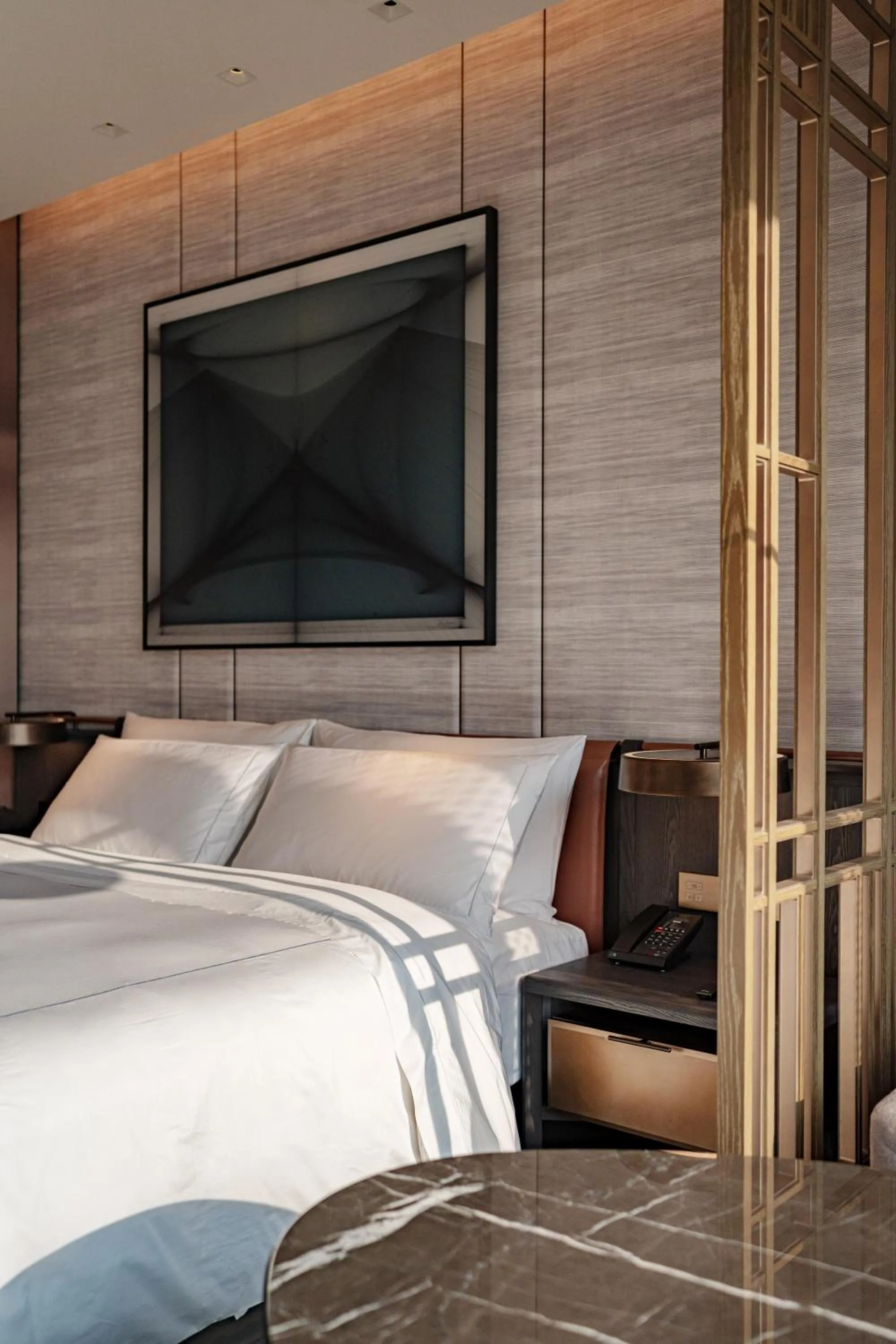 Bedroom, Bed in Conrad Shenzhen, the first art museum hotel in Greater Bay Area with the stunning bay and sunset view in the hotel terrace