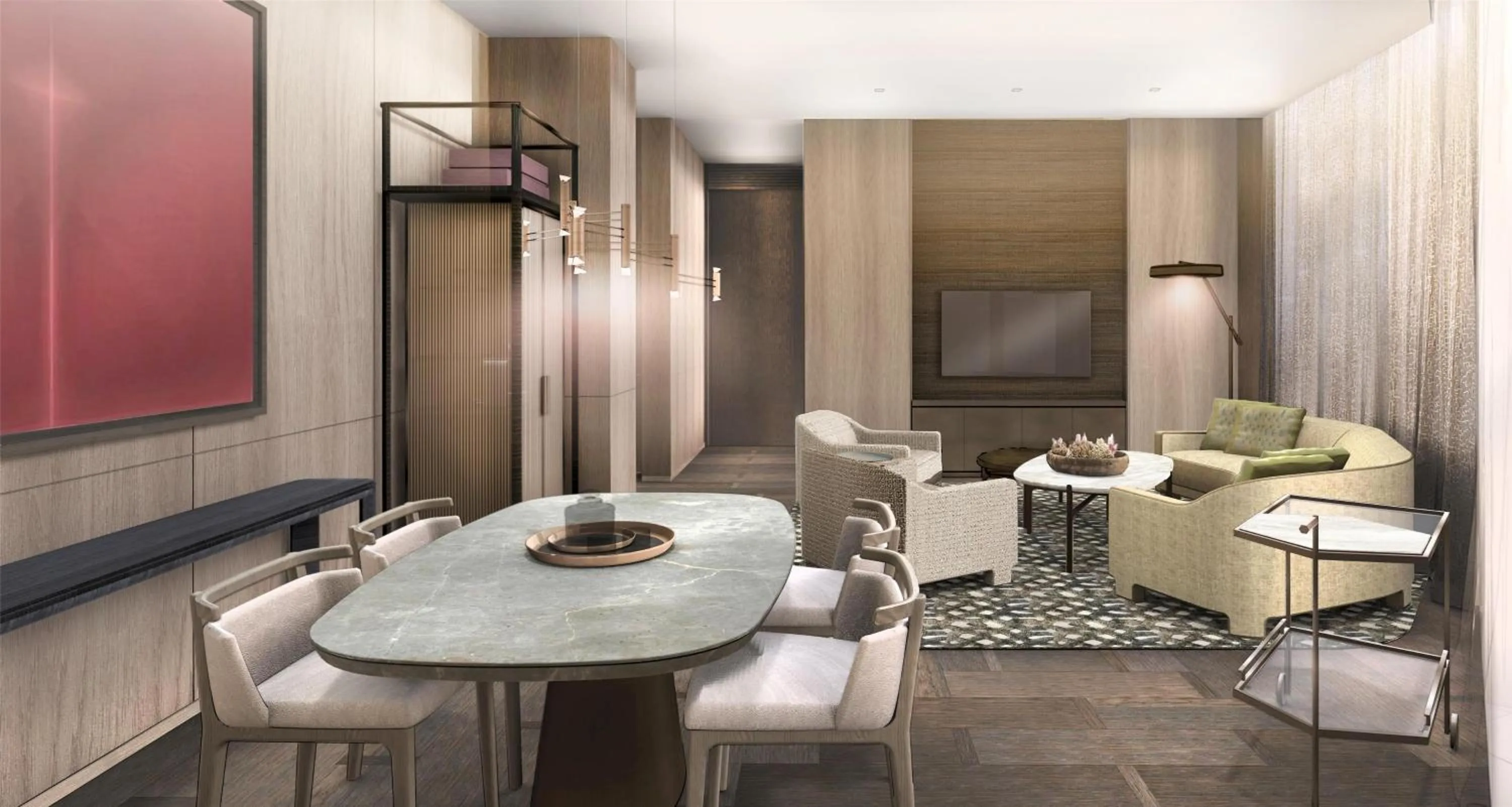 Bedroom in Conrad Shenzhen, the first art museum hotel in Greater Bay Area with the stunning bay and sunset view in the hotel terrace