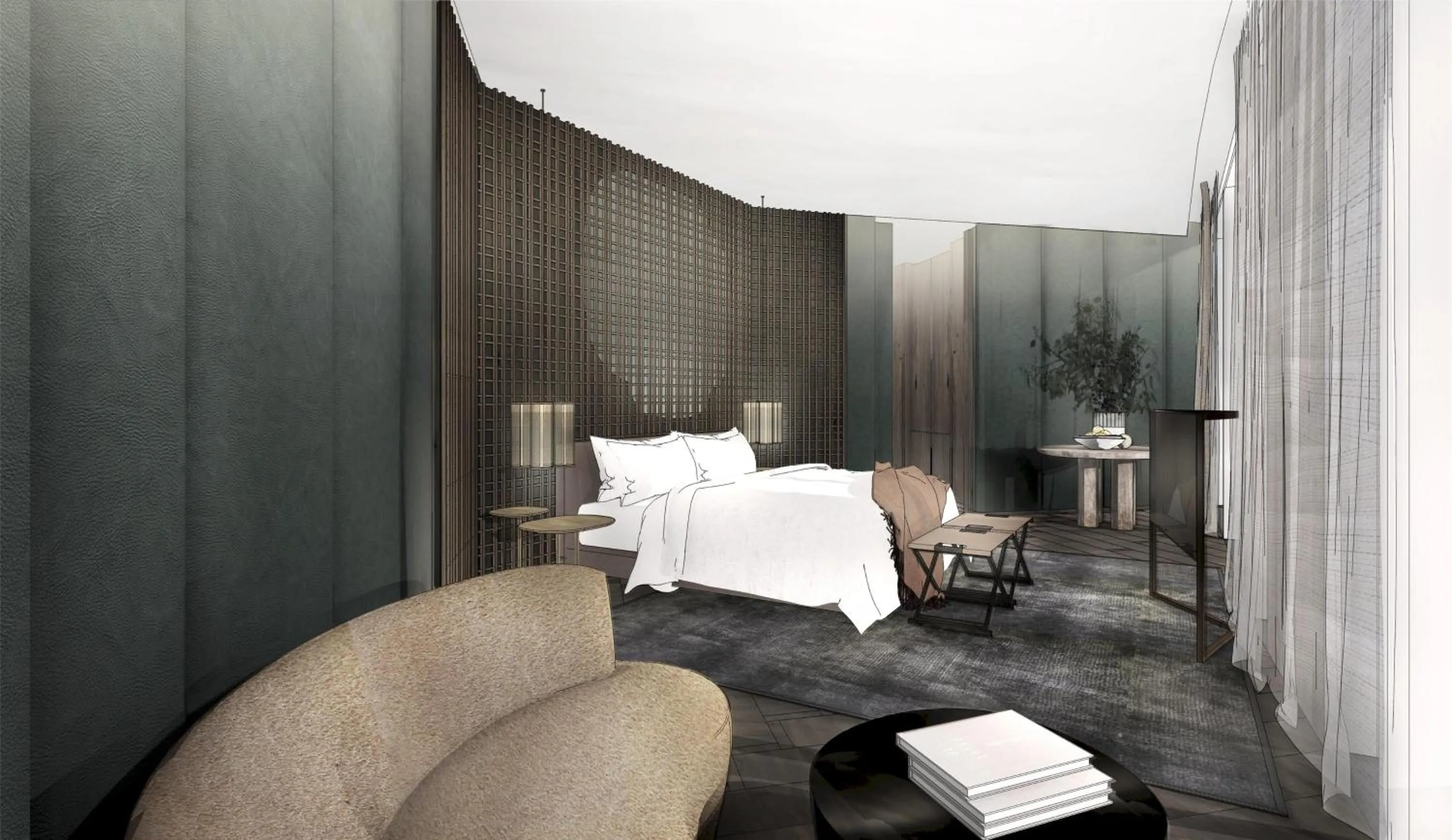 Bed in Conrad Shenzhen, the first art museum hotel in Greater Bay Area with the stunning bay and sunset view in the hotel terrace