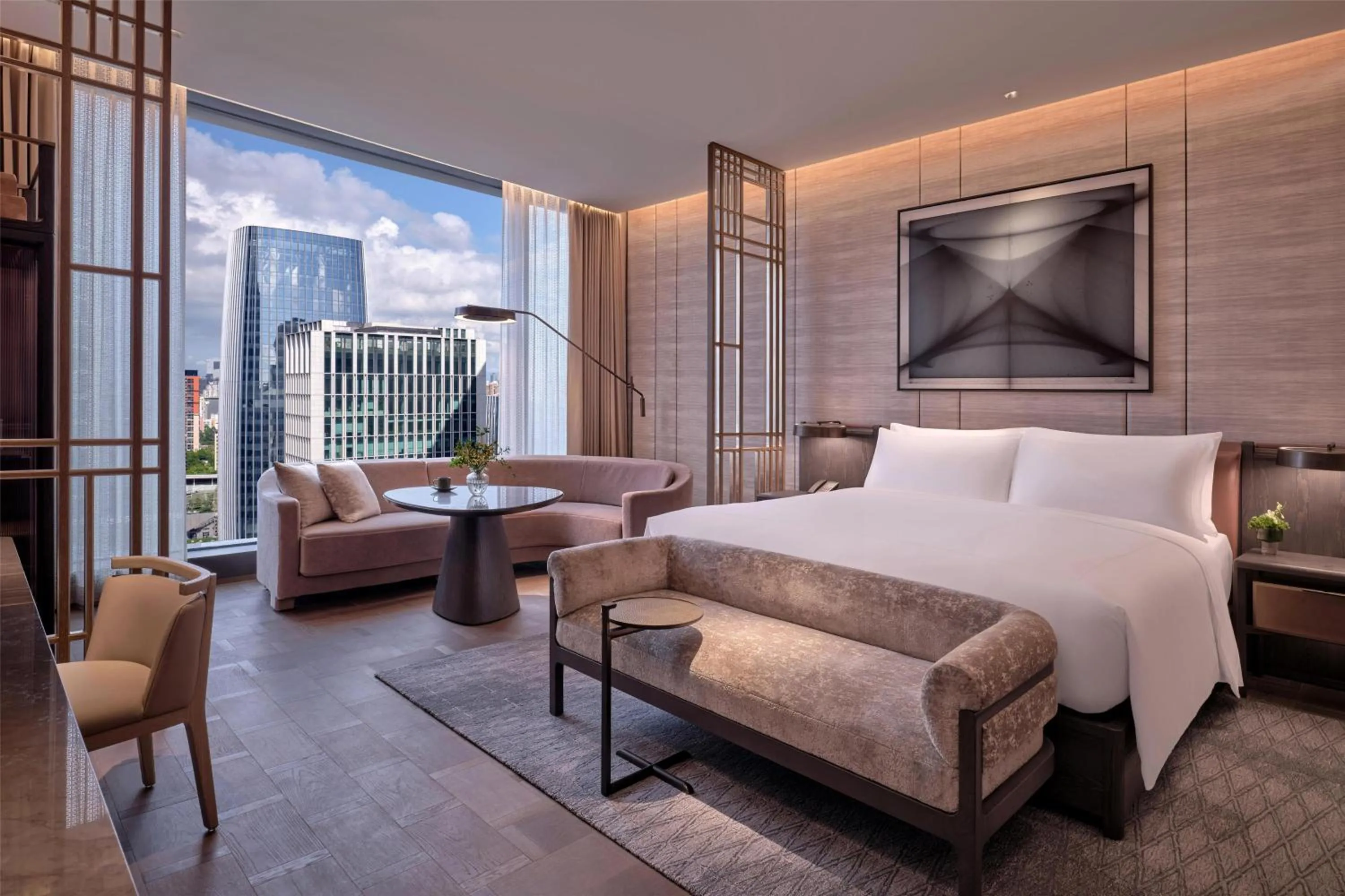 View (from property/room), Bed in Conrad Shenzhen, the first art museum hotel in Greater Bay Area with the stunning bay and sunset view in the hotel terrace