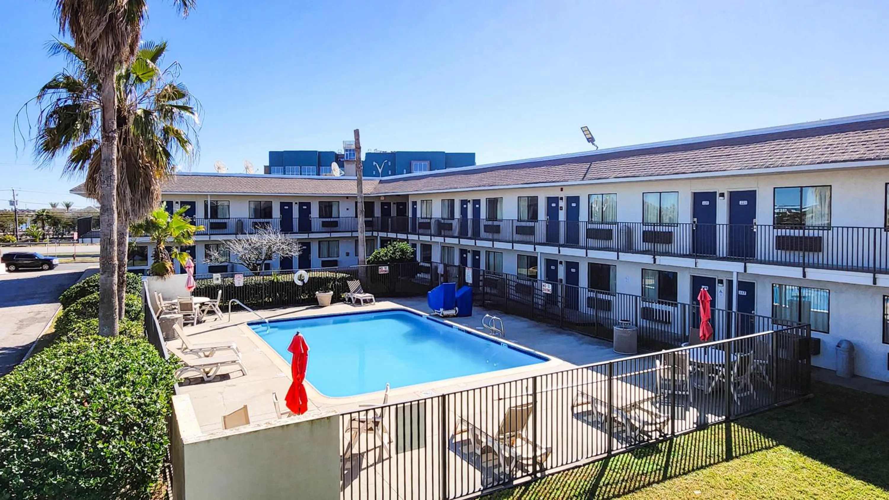 Pool view in Studio 6 Galveston TX