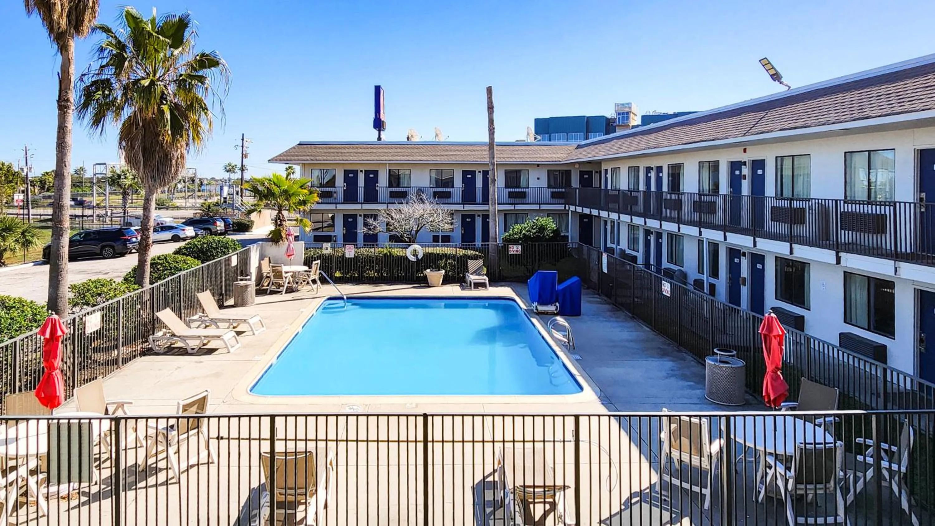 Pool view in Studio 6 Galveston TX